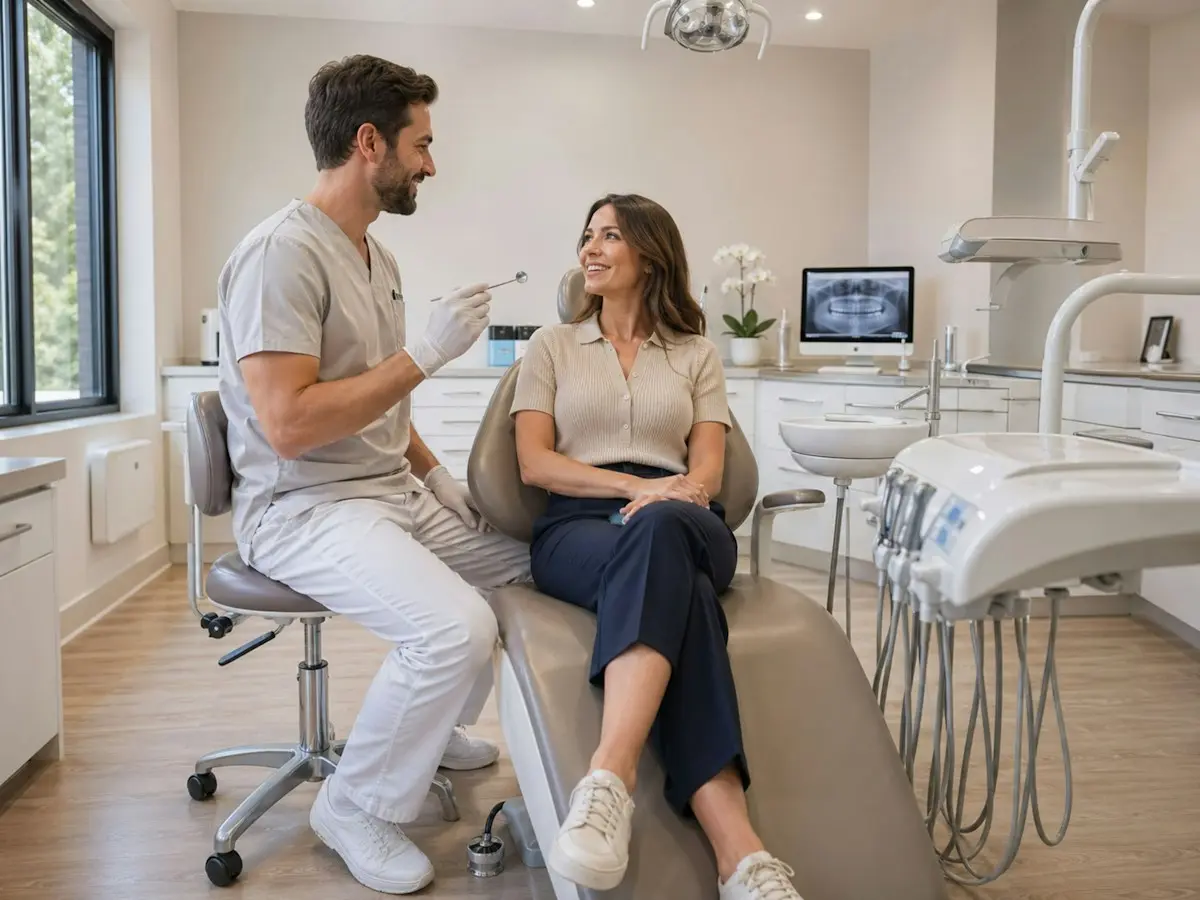 Un odontoiatra parla con una paziente in uno studio luminoso